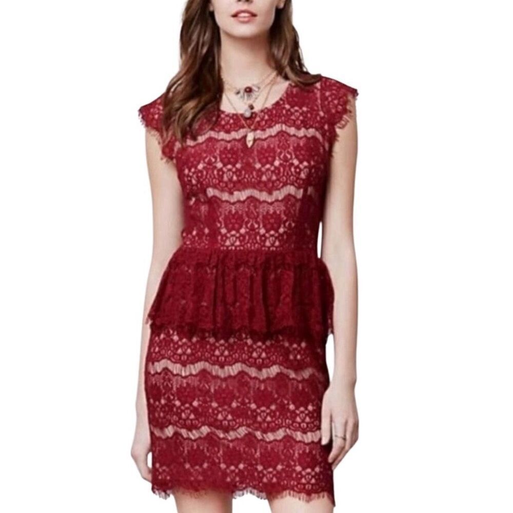 Maeve Anthropologie Dress Size Extra Small Elsa Peplum Eyelash Wine‎ Sleeveless